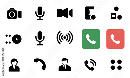 Video call icon set. vector illustration including mic, mute, video, chat, screen share, and call buttons for mobile apps, web platforms, UI/UX, and SaaS dashboards.