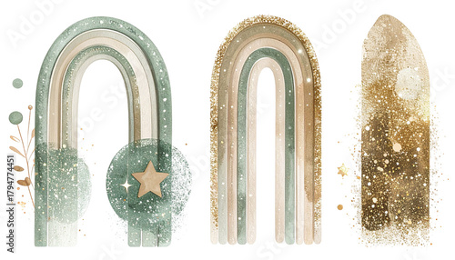 Watercolor rainbows and a shimmering crystal isolated on a black background