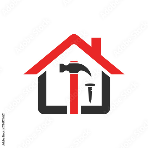 Vertical Hammer and Nail Home Repair Logo Vector. Simple Red Roof House Symbol for Residential Construction, Handyman, and Property Maintenance Services Emblem.