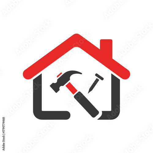Home Construction and Repair Logo Vector. Simple House Symbol with Red Roof, Hammer and Nail Icon. Residential Renovation, Handyman, and General Contractor Emblem.