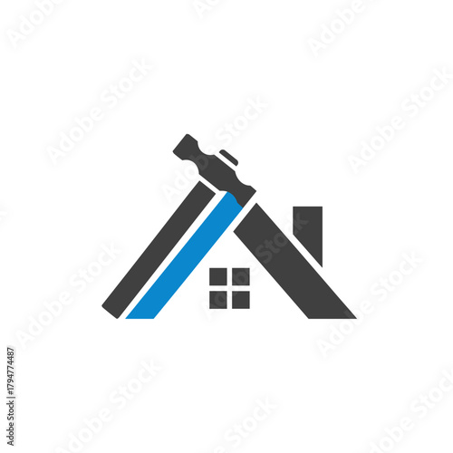 Modern Home Construction and Roofing Logo Vector. House Symbol with Oversized Hammer Icon. General Contractor, Real Estate Development, or Remodeling Service Emblem.