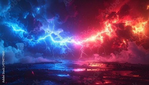 Wallpaper Mural Striking lightning bolts crash across a dark, moody landscape with red and blue contrasting light Torontodigital.ca