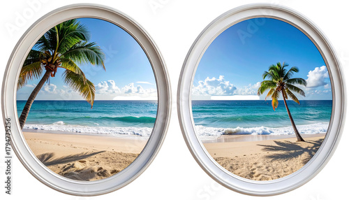 Twin framed beach views with palms, blue water, and sandy shorelines