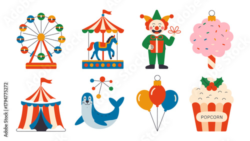 Colorful Circus Elements: A delightful array of festive circus elements, including a Ferris wheel, carousel, clown, cotton candy, circus tent, seal, balloons and popcorn.