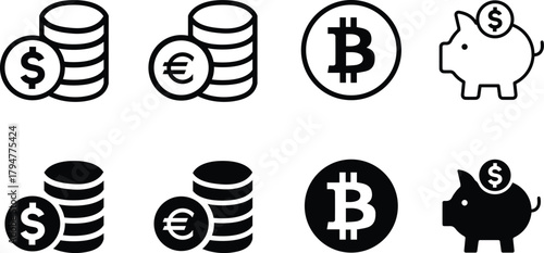 Money Icons set dollar, pound, euro, yuan, bitcoin. digital currency Internet flat icon symbol for applications vector illustration png transparent background