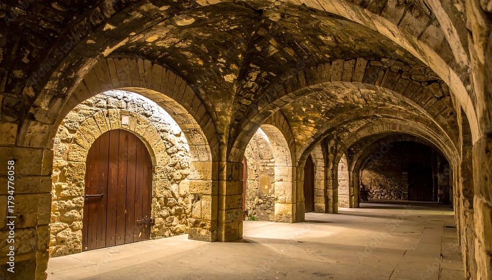 Naklejka premium Stone arched corridor with wooden doors, leading into the darkness