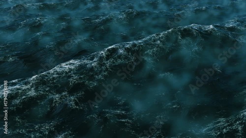 Stormy ocean at night, towering waves massive dark sea under low clouds, churning surf and foam, mist rising