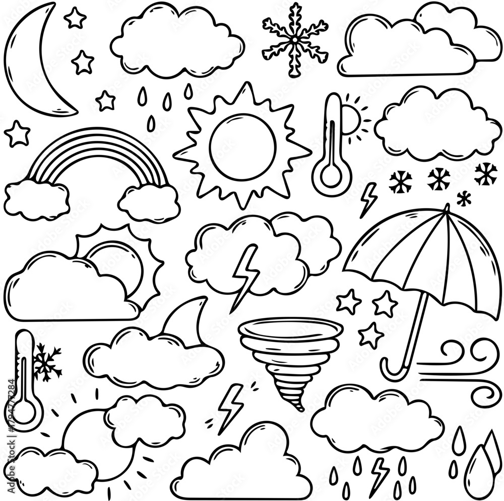 Obraz premium Whimsical Hand-Drawn Weather Icons Collection Sun, Clouds, Rain, Snow, Rainbows, and More Doodled Climate Elements for Creative Design Projects and Educational Resources