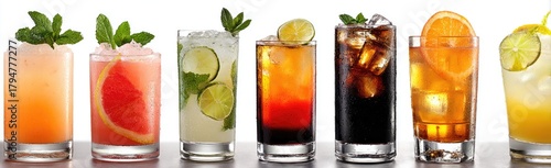 Assortment of colorful cocktails with fruits, ice, and garnish
