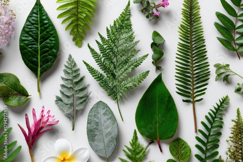 Assortment of diverse green leaves and colorful flowers on white
