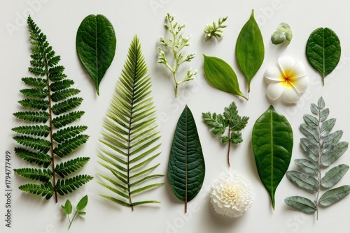 Assortment of diverse green leaves and white flowers artfully arranged
