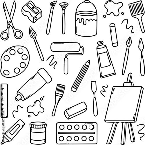 A charming collection of hand-drawn art supplies and tools for creativity, including paint, brushes, and an easel in a doodle illustration style