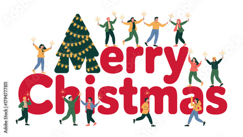 Joyful Holiday Wishes: A festive merry Christmas scene unfolds, with a decorated christmas tree and joyful figures dancing, embodying the spirit of celebration and togetherness.