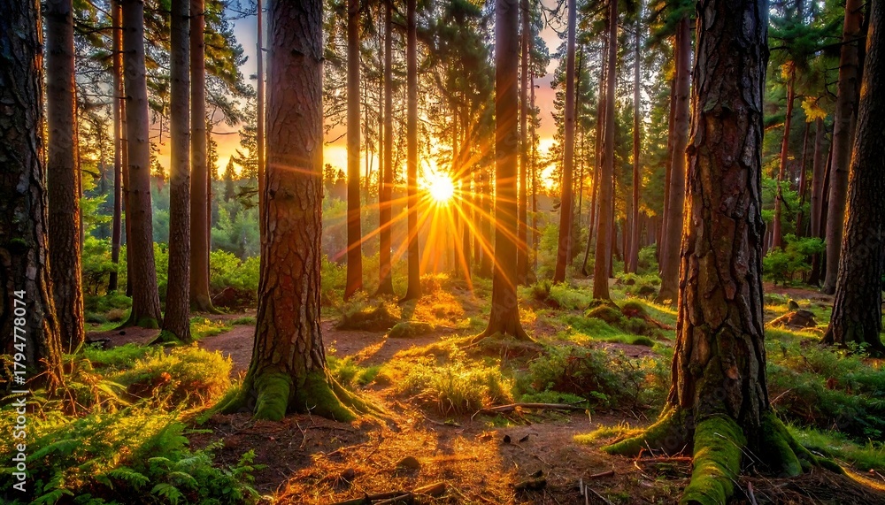 Fototapeta premium Sunlight bursts through tall trees in a lush forest, casting long shadows on the mossy ground in a woodland scene