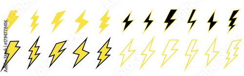 Yellow lightning bolt icons. Electric strike and blitz speed logo, thunderbolt flash storm, volt power symbols. Vector isolated set