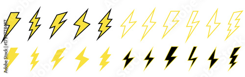 yellow grass on white background, Yellow lightning bolt icons. Electric strike and blitz speed logo, thunderbolt flash storm, volt power symbols. Vector isolated set