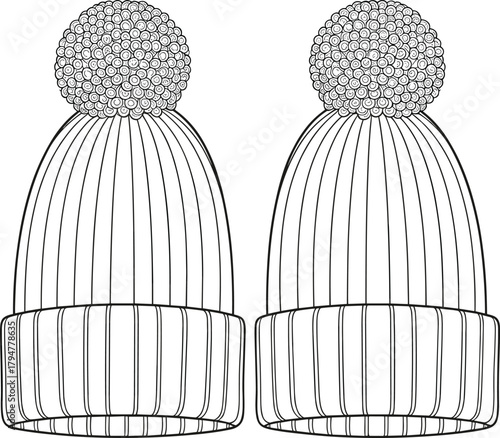 Blank Outline Technical Drawing of a Ribbed Knit Beanie Hat with Tightly Packed Pom-Pom, Winter Headwear Accessory Template for Fashion Design Mockup and Customization Vector