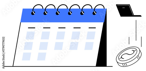 Calendar with marked dates, a coin dropping to suggest financial planning, and an angled laptop for digital workflow. Ideal for scheduling, finance, productivity, business, planning, investments