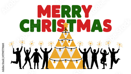 Joyful Christmas Cheer: Festive silhouettes celebrate the holiday with twinkling sparklers, gathered beneath a vibrant tree. Merry Christmas!