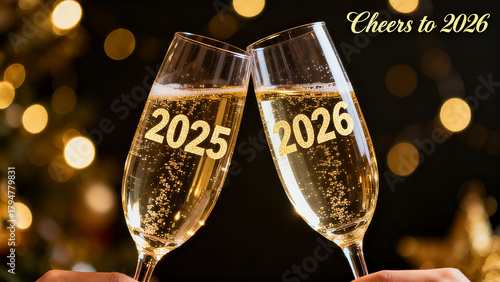 Champagne glass clinking elements, New Year celebration, annual alternation and beautiful expectations, New Year banquet promotion, social New Year's Eve event materials.
