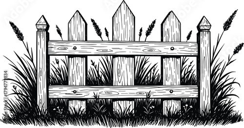 Vintage wooden picket fence illustration, tall wild grass and weeds, rustic farm border line, hand drawn sketch style, black and white rural landscape, isolated vector element.
