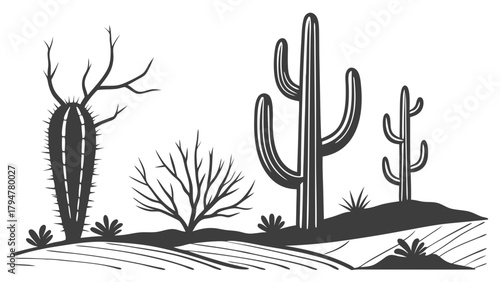 Stark Black and White Desert Landscape Illustration with Saguaro Cacti and Dry Bushes. Arid Nature Background for Travel and Environmental Design Projects