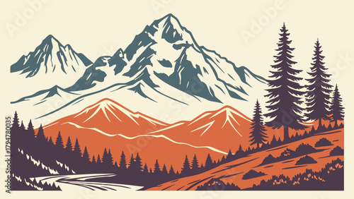 Vintage Stylized Mountain Landscape Illustration Majestic Forest River and Hills for Outdoor Adventure Travel Nature Branding Web Design Print Media