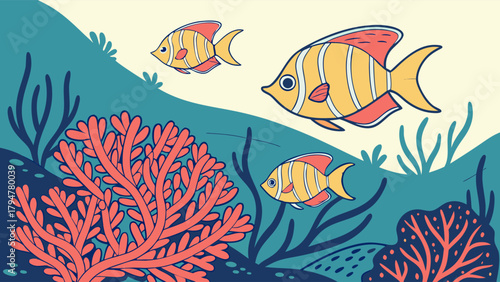 Vibrant Underwater Illustration of Colorful Tropical Fish Swimming in Coral Reef Ocean Perfect for Kids Education Marine Life and Web Design Backgrounds