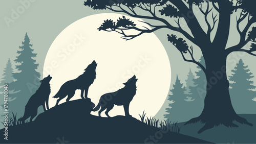 Three Wolves Howling at Full Moon in Dark Forest Silhouette. Majestic Wild Nature Scene for Wilderness, Fantasy, and Spiritual Themes.