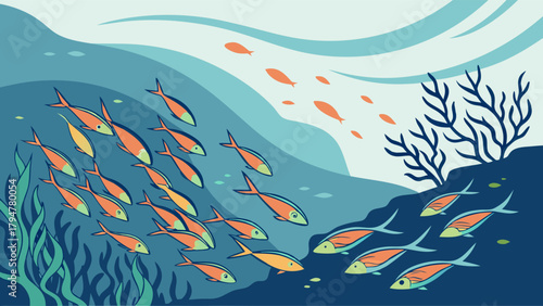 Illustrated Schools of Fish Swimming in Ocean. Dynamic Business Strategy, Teamwork, Market Flow, and Marine Life.