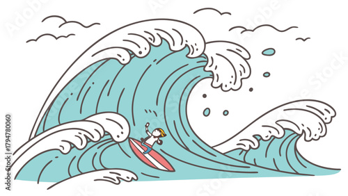 Cartoon Surfer Riding Huge Ocean Wave with Courage Navigating Startup Challenges and Achieving Success