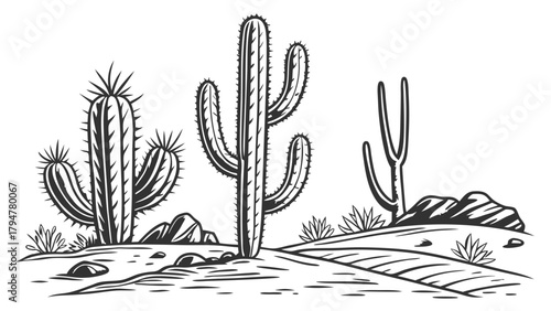 Iconic Desert Landscape with Saguaro Cacti Hand Drawn Vintage Engraving Illustration for Southwest Travel and Nature Design