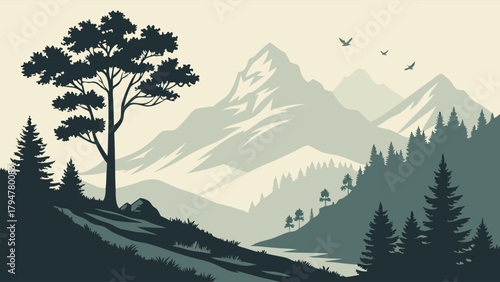 Serene Minimalist Mountain Landscape Vector Art with Forest, River, and Birds. Peaceful Nature Background for Web Design, Travel, and Outdoor Adventure.