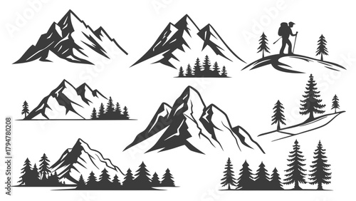 Outdoor Adventure Vector Mountain and Forest Silhouettes Set. Travel Logos, Wilderness Badges, Emblems for Branding Design.