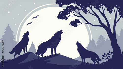 Three Wild Wolves Howling at Full Moon in Dark Forest Silhouette Primal Nature and Wilderness Illustration for Wildlife Conservation and Adventure Travel