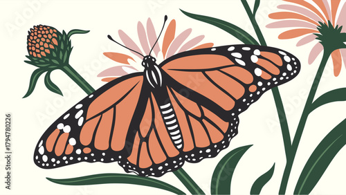 Vibrant Monarch Butterfly Pollinating Pink Coneflower Flat Design Illustration. Summer Garden Ecology for Nature Conservation and Web Design.