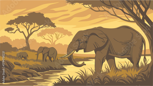 Serene African Elephant Family Drinking at Golden Savanna River Sunset. Wildlife Conservation, Safari Tourism, Nature Travel and Educational Design.