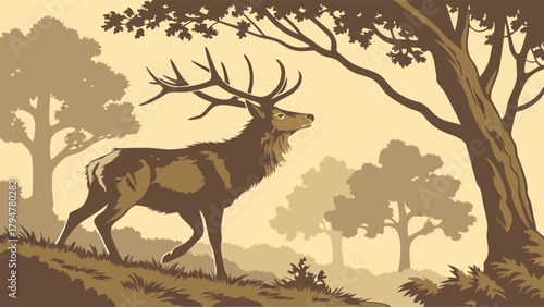 Powerful Red Deer Stag with Majestic Antlers Walking in Tranquil Forest. Vintage Wildlife Illustration for Nature Conservation, Outdoor Brands, and Eco-Tourism.