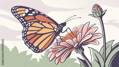 Vibrant Monarch Butterfly on Blooming Pink Flower in Peaceful Garden Spring Summer Nature Illustration for Environmental Growth and Wellness Design