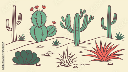 Minimalist Desert Landscape Illustration with Cacti and Succulents for Nature Backgrounds and Web Design