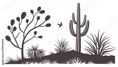 Serene Desert Landscape Silhouette Vector Illustration with Saguaro Cactus Cholla and Flying Bird for Nature Travel Web Design and Branding