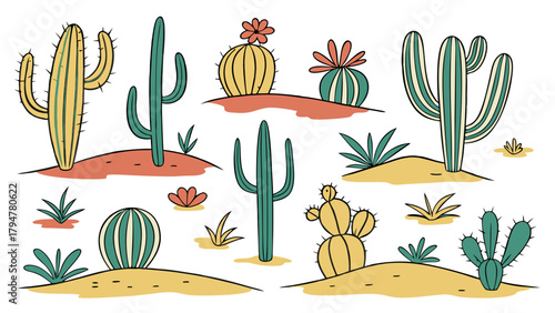 Cute Cartoon Desert Cacti and Succulents Set for Kids Education Nature Travel and Summer Fun Design