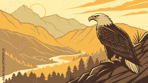 Bald Eagle Perched on Mountain Cliff Overlooking Valley at Golden Sunrise Vector Illustration for Business Vision and Nature Travel