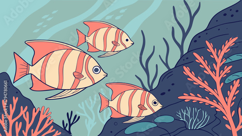 Colorful Tropical Fish Swimming in Blue Ocean with Coral Reef Serene Underwater Scene Illustration for Kids Books Education and Summer Travel