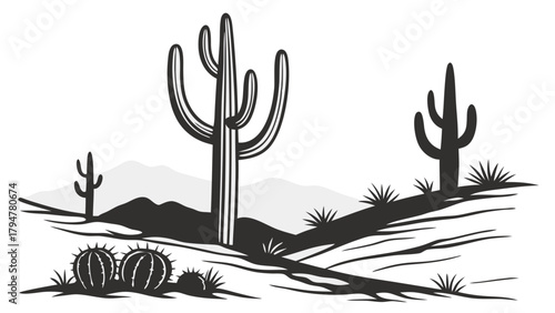 Vast Iconic Southwestern Desert Landscape with Saguaro Cacti and Mountains Vector Graphic for Travel and Nature Design