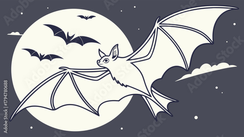 Creepy Nocturnal Bats Flying Over Full Moon Night Sky Illustration for Spooky Halloween Events and Wildlife Education