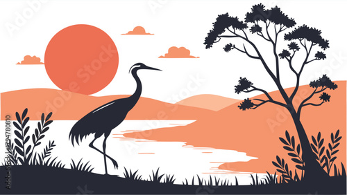 Tranquil Crane Bird in Minimalist Sunset Landscape for Nature Conservation Travel and Wellness Website Backgrounds