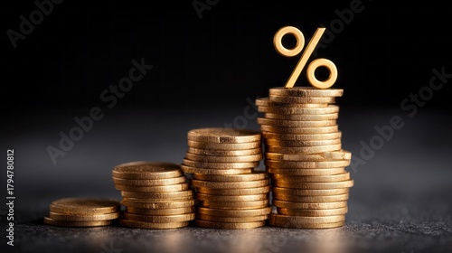 A stack of shiny golden coins captures attention, each layer growing in height. A bold percentage symbol sits atop, signifying financial potential and investment gains