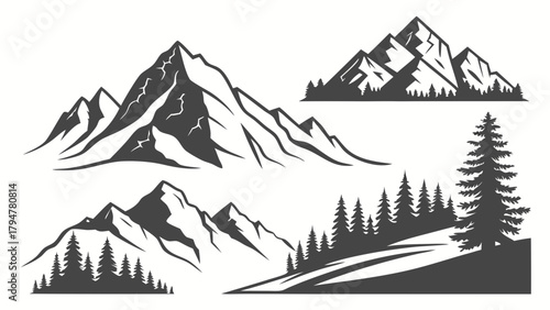 Rugged Mountain and Pine Forest Vector Illustrations Set for Outdoor Adventure Logos Emblems Nature Branding and Travel Graphics