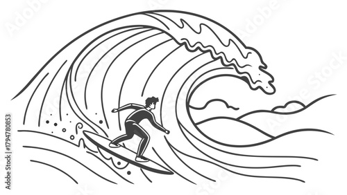 Dynamic Surfer Riding Massive Ocean Wave Line Art Illustration Adventure Sport Challenge Momentum Success Web Design Element